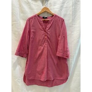 Ellos Red White Striped Tunic Shirt 3/4 Sleeve Button Front Size M